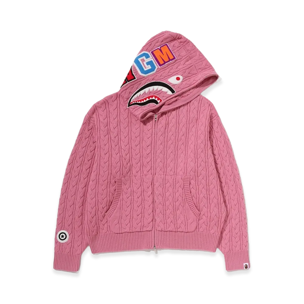 A BATHING APE Cable Knit Shark Relaxed Fit Full Zip Hoodie "Pink"