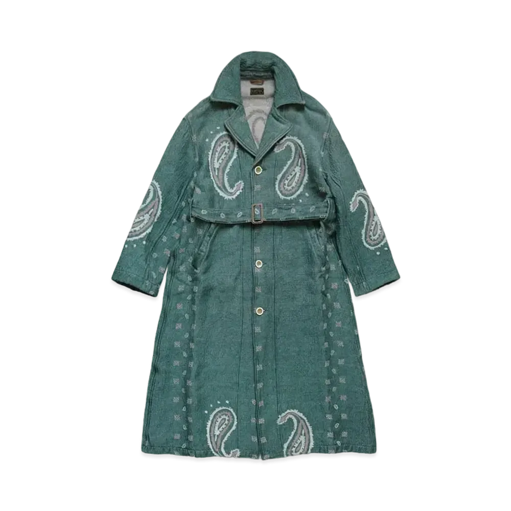 KAPITAL LUG PAYSLEY PATTERN LINEN WOOL DRAGGING COAT"Sax"