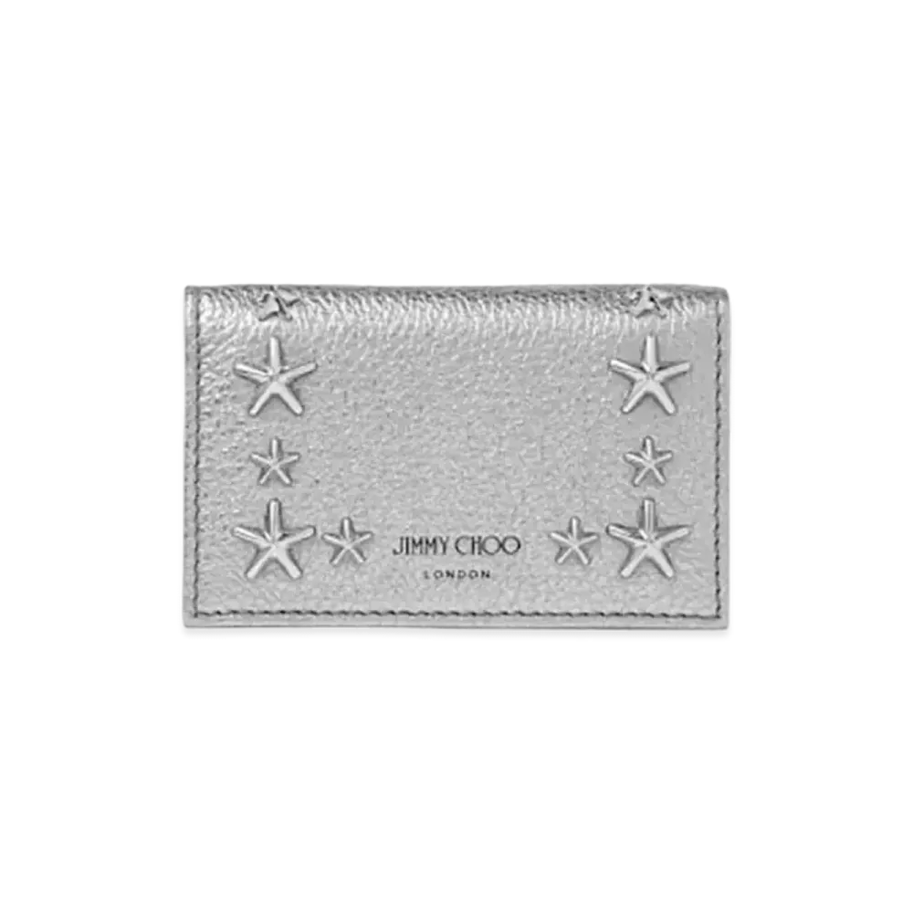 Jimmy Choo Nello Metaric Soft Grainy Calf Leather Card Case With Stars Studs "Gunmetal"