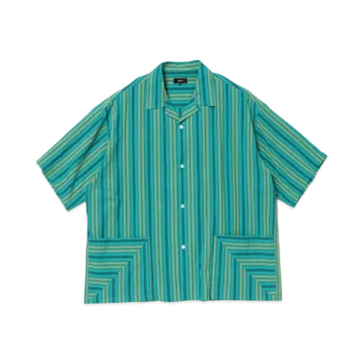 BEAMS Dobby Striped Open Collar Shirt "Teal"