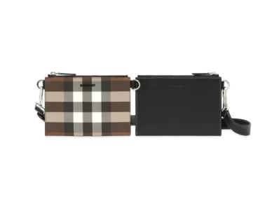 BURBERRY Check E Canvas & Leather Link Pouch Cross Body Bag "Dark Bachi Brown"