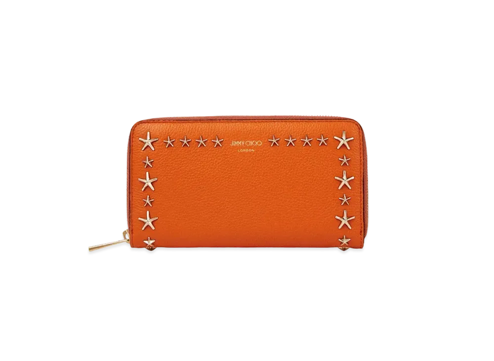 JIMMY CHOO PIPPA Soft Grainy Calf Leather Wallet With Star Studs "Amber Orange"