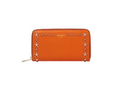 JIMMY CHOO PIPPA Soft Grainy Calf Leather Wallet With Star Studs "Amber Orange"