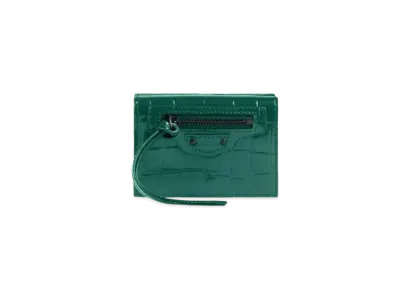 BALENCIAGA Semi Matte Crocodile Embossed Neo Classic Mini Wallet "Dark Green"