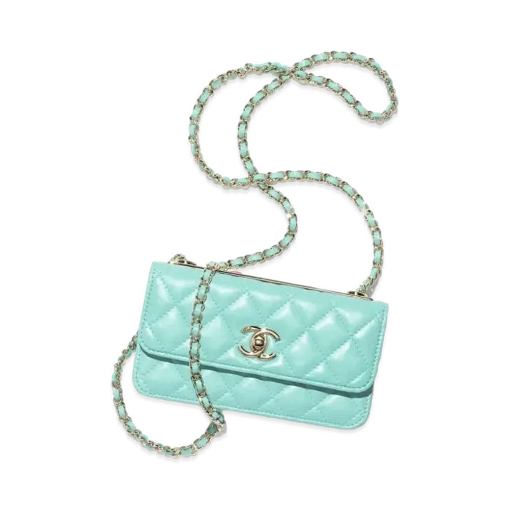 CHANEL Flap Phone Holder With Chain Lambskin Gold Tone & Lacquered Metal "Turquoise"