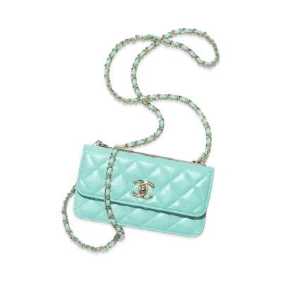 CHANEL Flap Phone Holder With Chain Lambskin Gold Tone & Lacquered Metal "Turquoise"