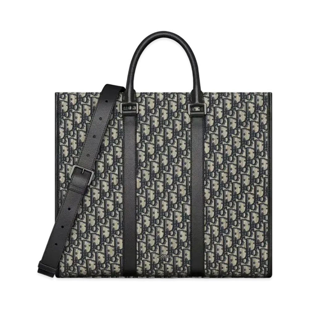 Dior East-West Tote Bag Dior Oblique Jacquard with Grained Calfskin "Beige/Black"