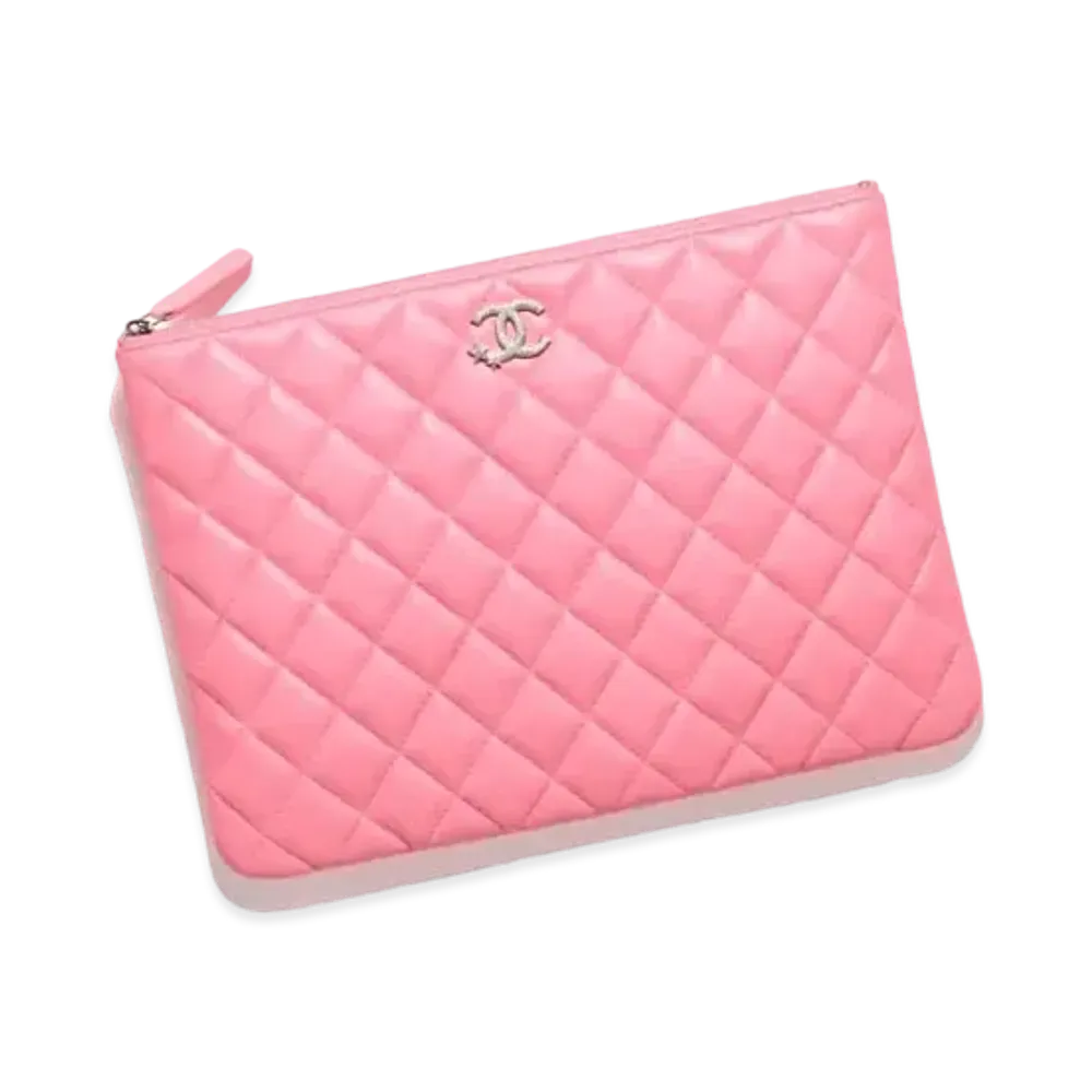 CHANEL Pouch Lambskin Strass & White Metal "Coral Pink"