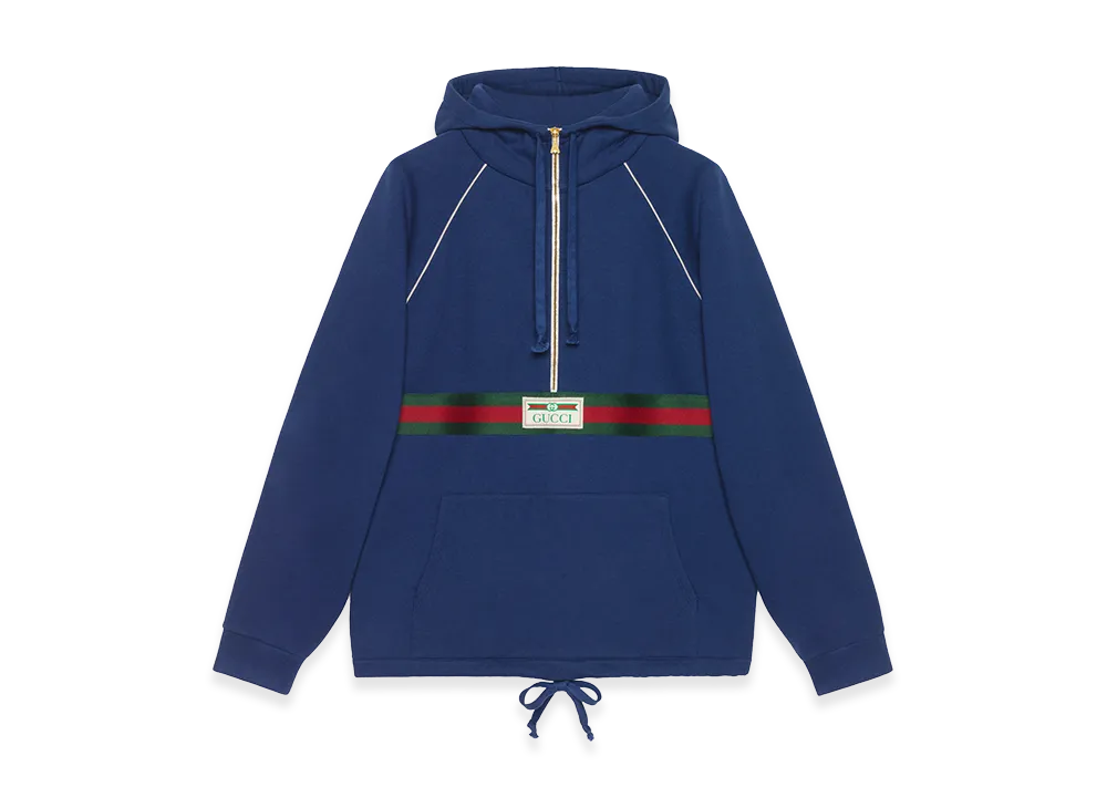グッチ ロゴウェブ ハーフジップ コットンジャージー フーディー "ネイビー" 645320 XJDAK 1060