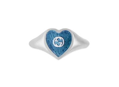 GUCCI Interlocking Double G Enamel Heart Ring "Silver"
