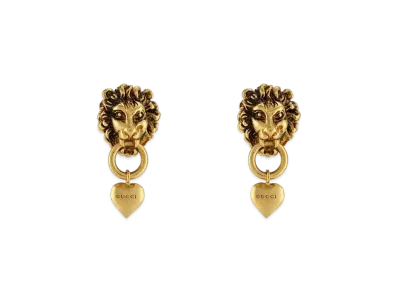 GUCCI Lion Head and Heart Earrings Distressed Tone Metal "Gold"