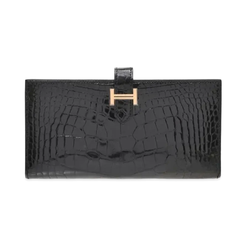 Hermes Bearn Soufflet Crocodile Alligator "Noir/Rose Gold"