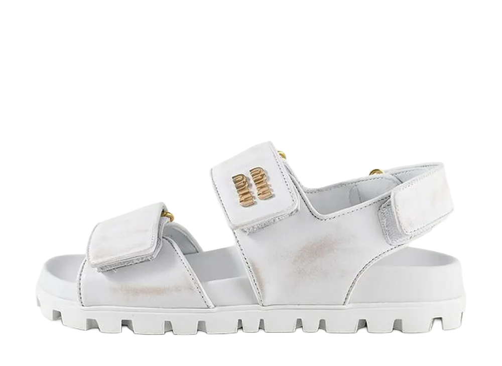 Miu Miu Women's Vintage-Effect Leather Double Strap Sandals "White"