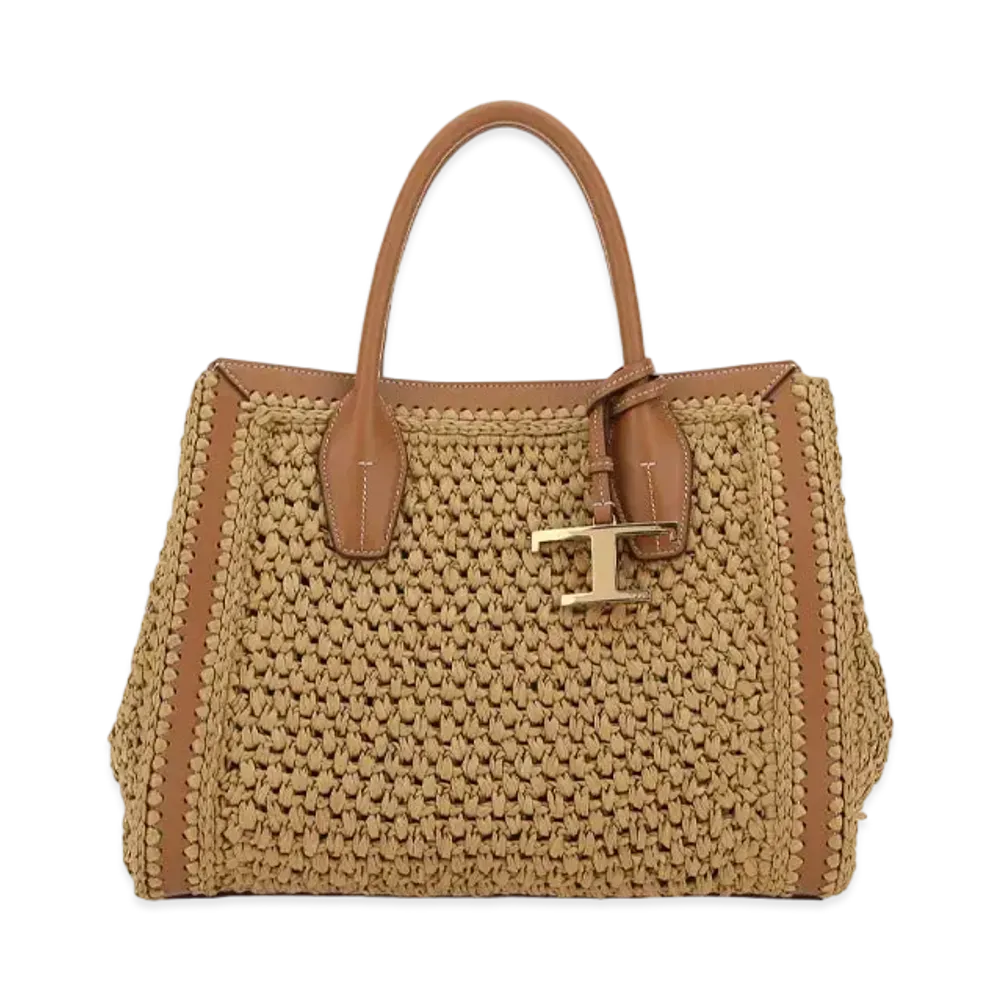 TOD'S Timeles Lafia & Leather Shopping Bag Small "Beige/Brown"