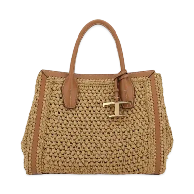 TOD'S Timeles Lafia & Leather Shopping Bag Small "Beige/Brown"