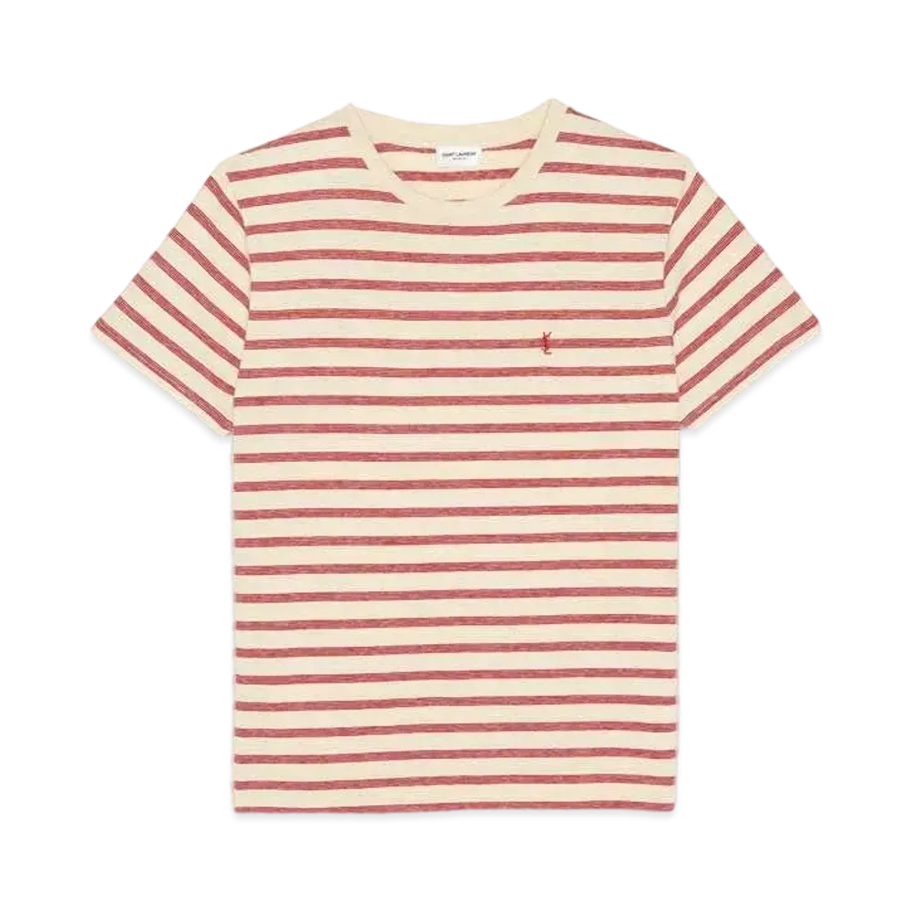 Saint Laurent Striped Monogram T-shirt In Jersey "Naturel et Rouge"