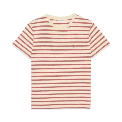Saint Laurent Striped Monogram T-shirt In Jersey "Naturel et Rouge"