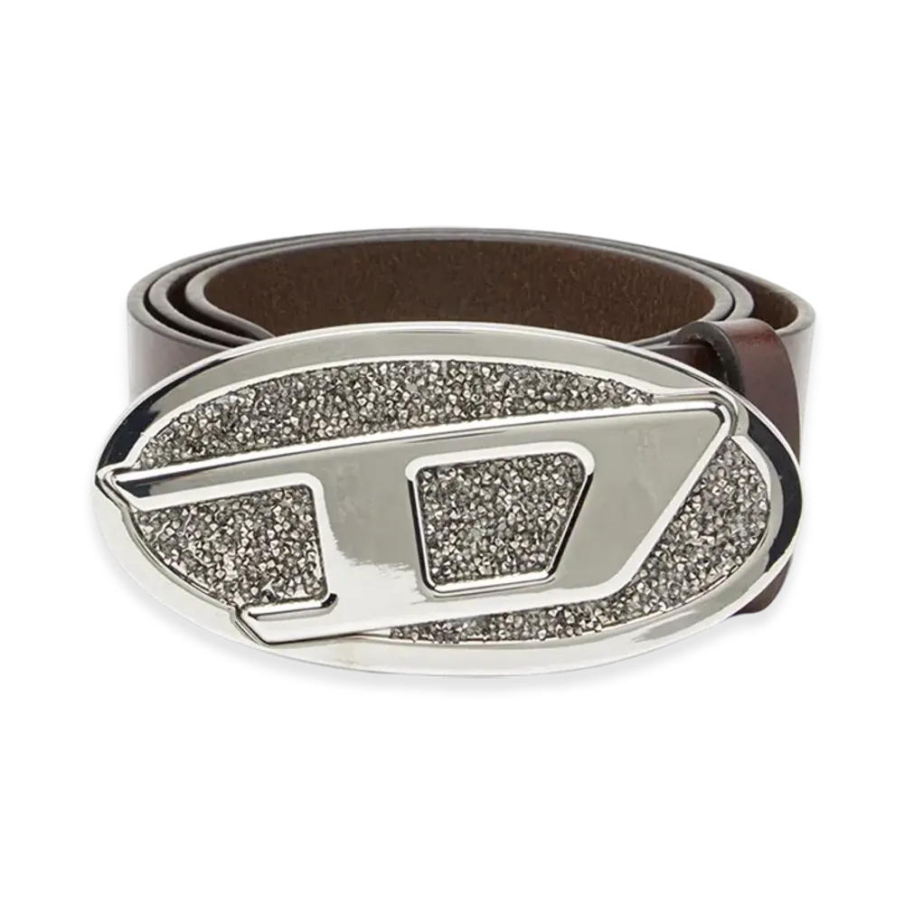 Diesel B-1Dr 2.0 Full Rocks 4Cm Leather Belt With Rhinestone Oval D Buckle "Brown"
