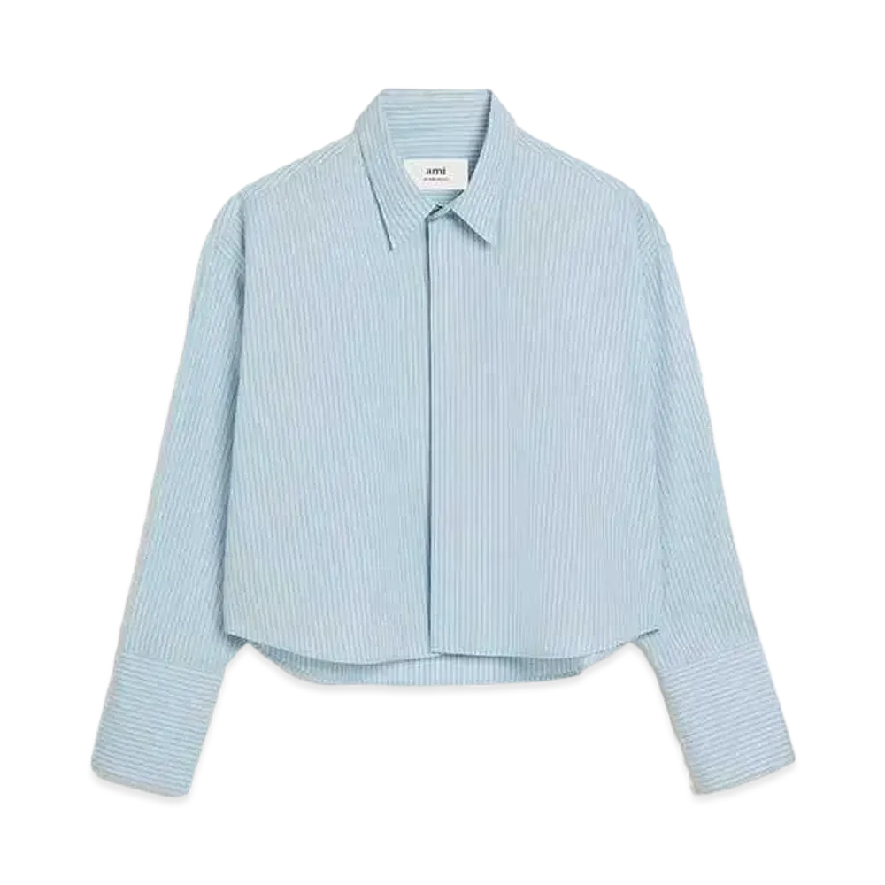 AMI PARIS Stripe Cotton Poplin Cropped Shirt "Cashmere Blue & Chalk"