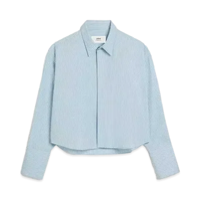AMI PARIS Stripe Cotton Poplin Cropped Shirt "Cashmere Blue & Chalk"