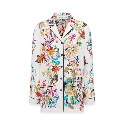 Dior Women's Shirt Silk Twill Fantastica Motif "White/Multicolor"