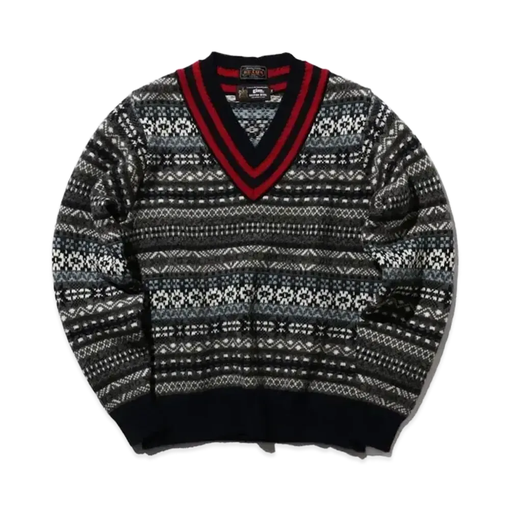 BEAMS Exclusive gim / Fair Isle Cricket V-Neck Knit "Navy"