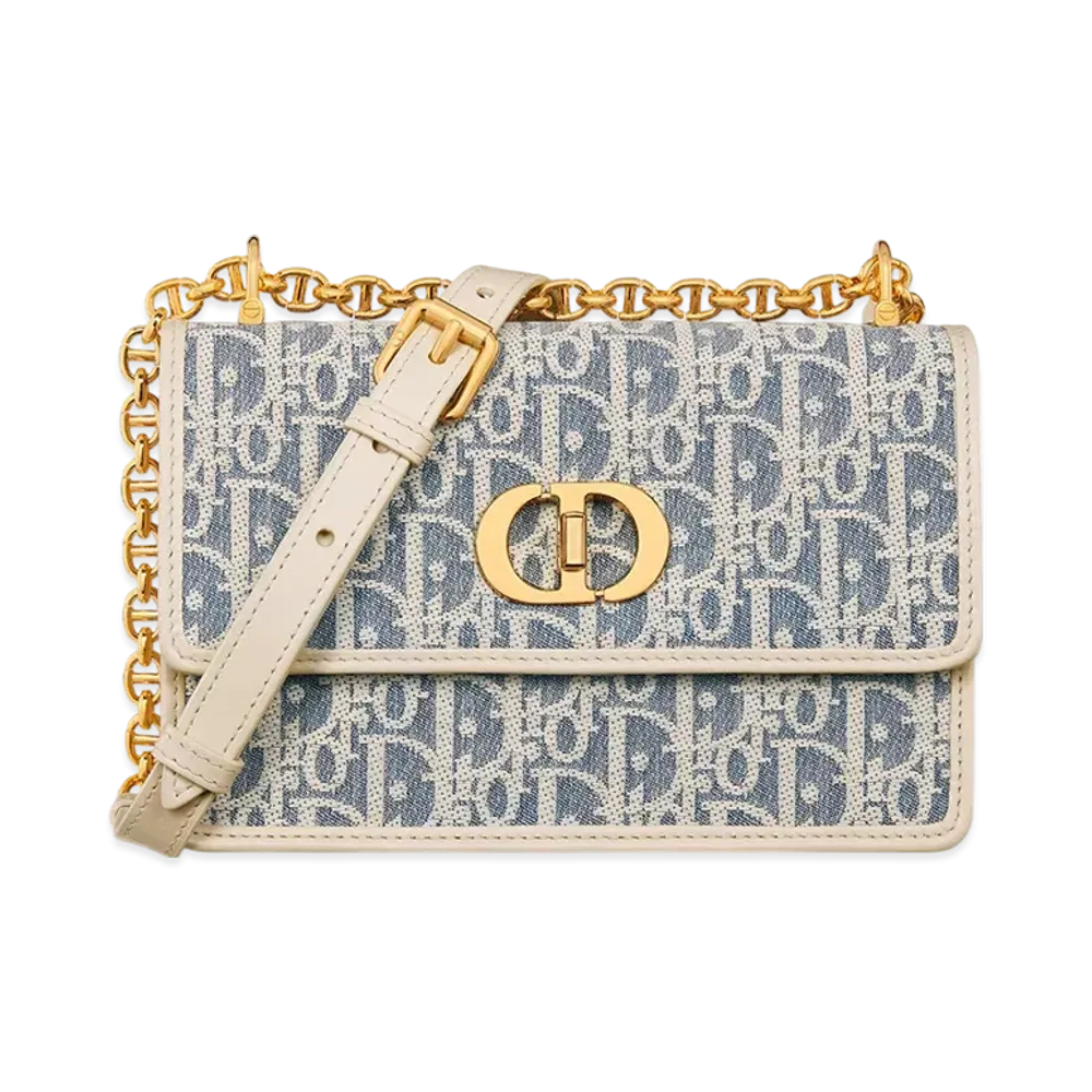 Dior Miss Caro Mini Bag Dior Oblique Chambray with Raffia Effect and Smooth Calfskin "Blue/Light Biscuit"