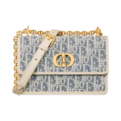 Dior Miss Caro Mini Bag Dior Oblique Chambray with Raffia Effect and Smooth Calfskin "Blue/Light Biscuit"