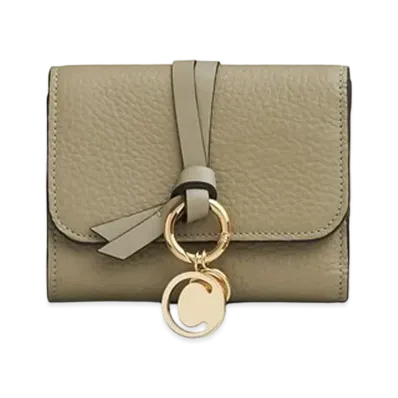 Chloe Alphabet Small Tri-Fold Wallet With Leather Link In Grained & Shiny Calfskin "Pottery Green"