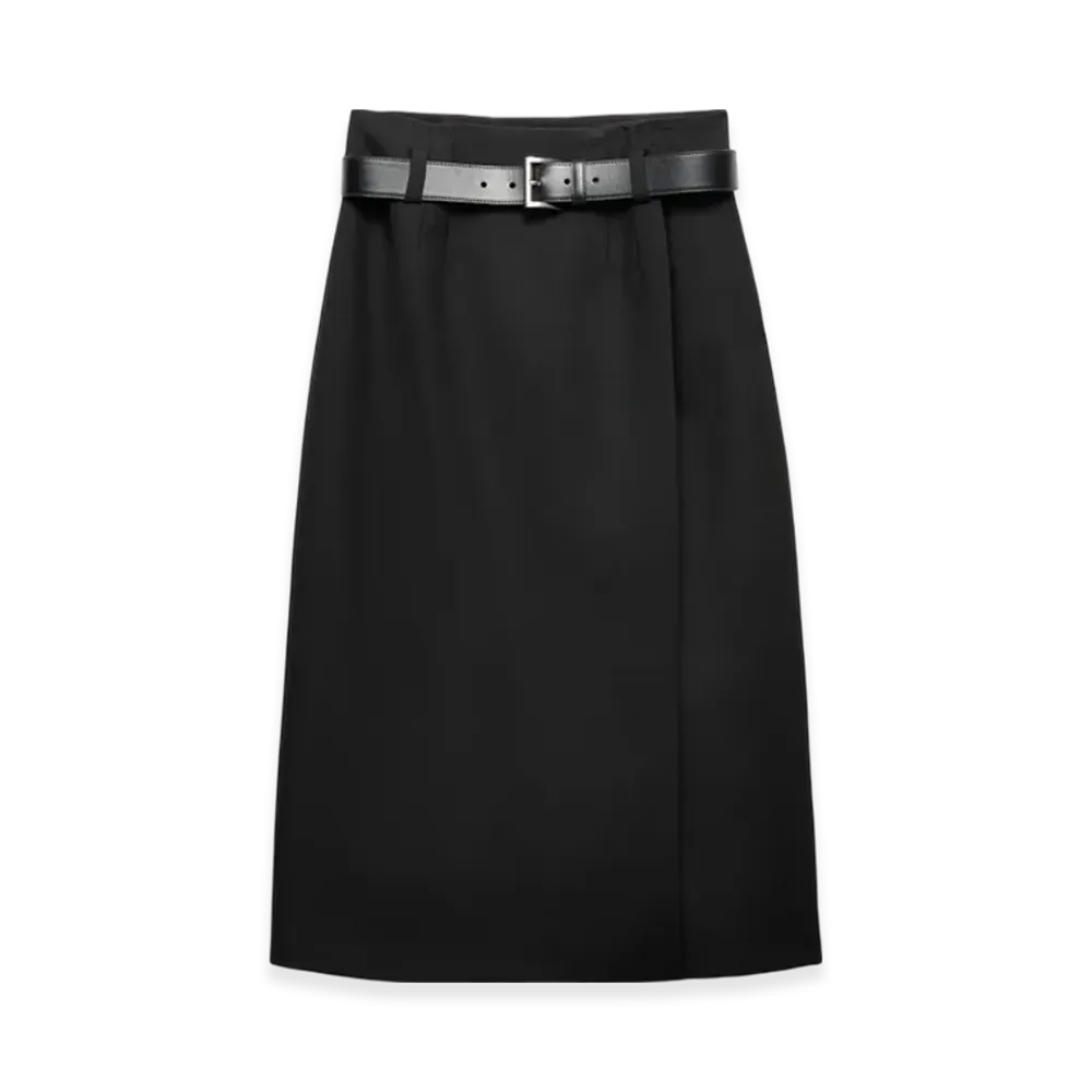 PRADA Women's Gabardine Skirt with Leather Belt "Black"