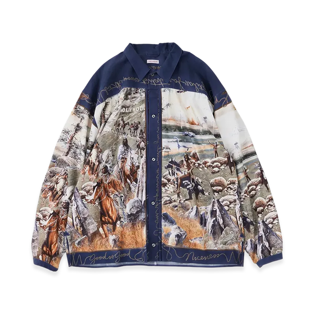 NICENESS Numan Rayon Cotton Printed Trucker Shirt "Navy"