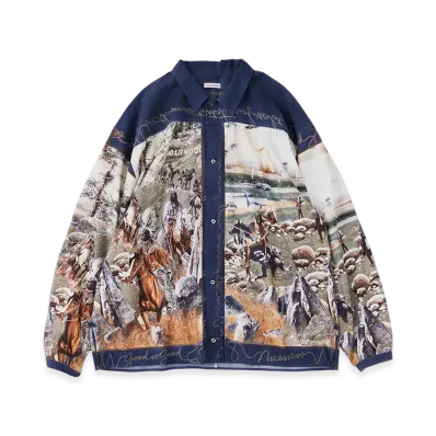 NICENESS Numan Rayon Cotton Printed Trucker Shirt "Navy"
