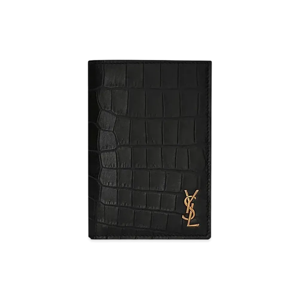 Saint Laurent Tiny Cassandre Credit Card Wallet In Crocodile-Embossed Matte Leather "Black"