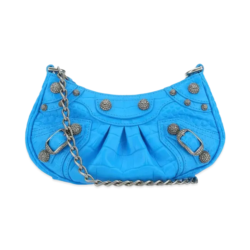 BALENCIAGA Le Cagole Mini Purse With Chain Crocodile Embossed With Rhinestones "Blue"