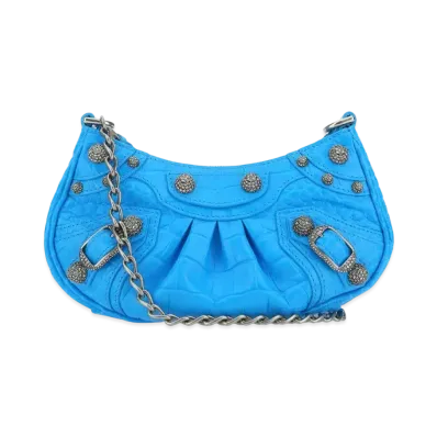 BALENCIAGA Le Cagole Mini Purse With Chain Crocodile Embossed With Rhinestones "Blue"