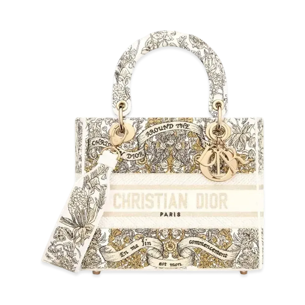 Dior Medium Lady D-Lite Bag Embroidery with Dior Around the World Motif "Latte/Gold"