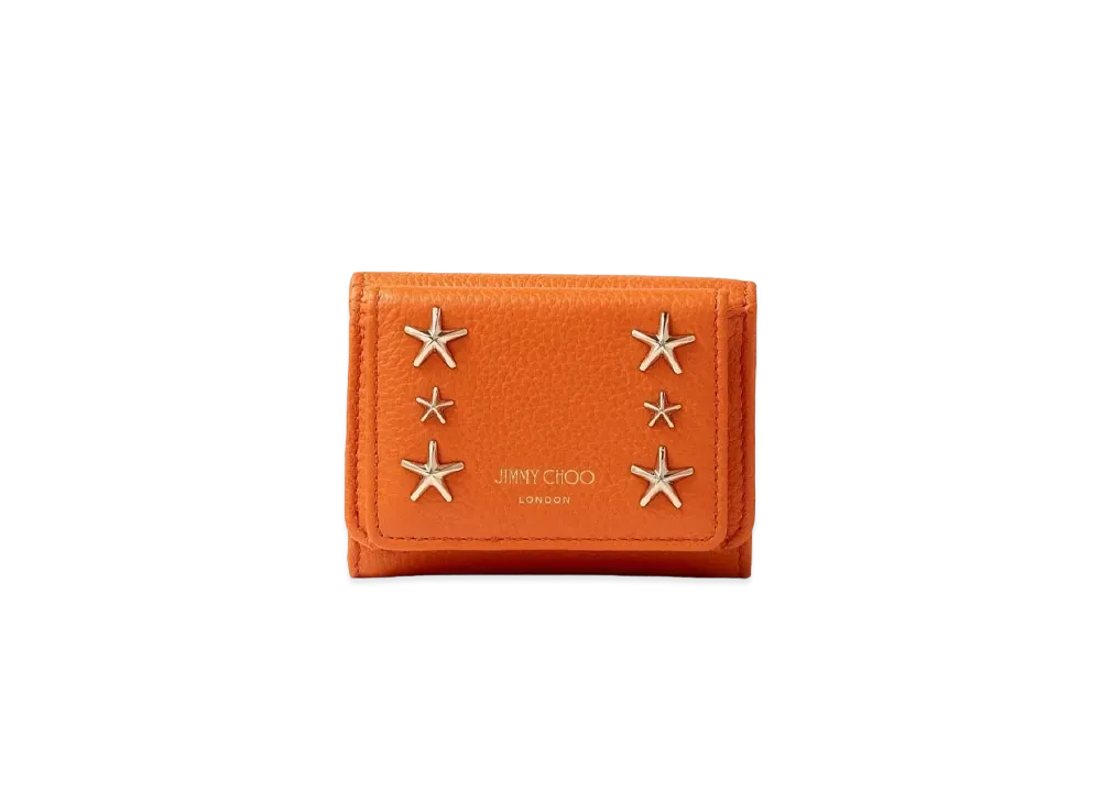 JIMMY CHOO NEMO Soft Grainy Calf Leather Wallet With Star Studs "Amber Orange"