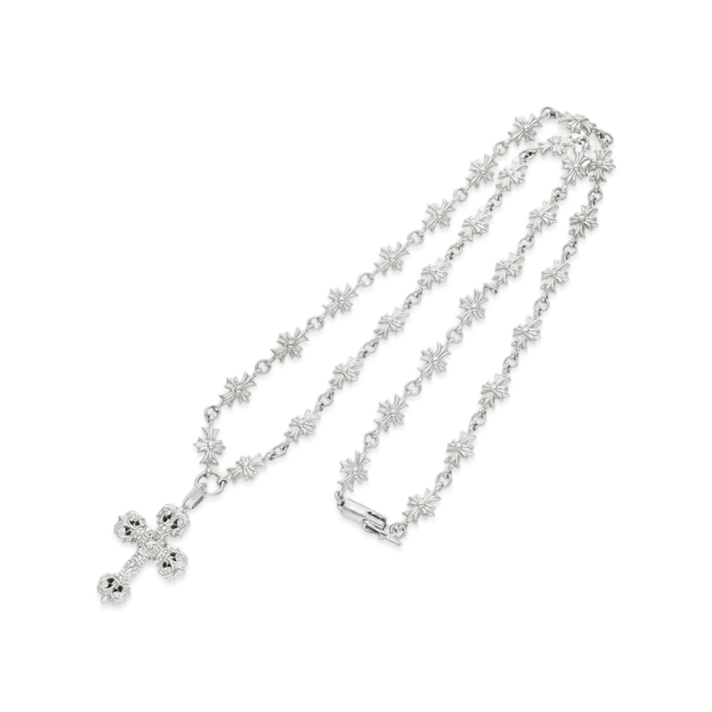 Chrome Hearts 18K Tiny Filiglly Cross Pave W Tiny E CH Plus Necklace "White Gold"