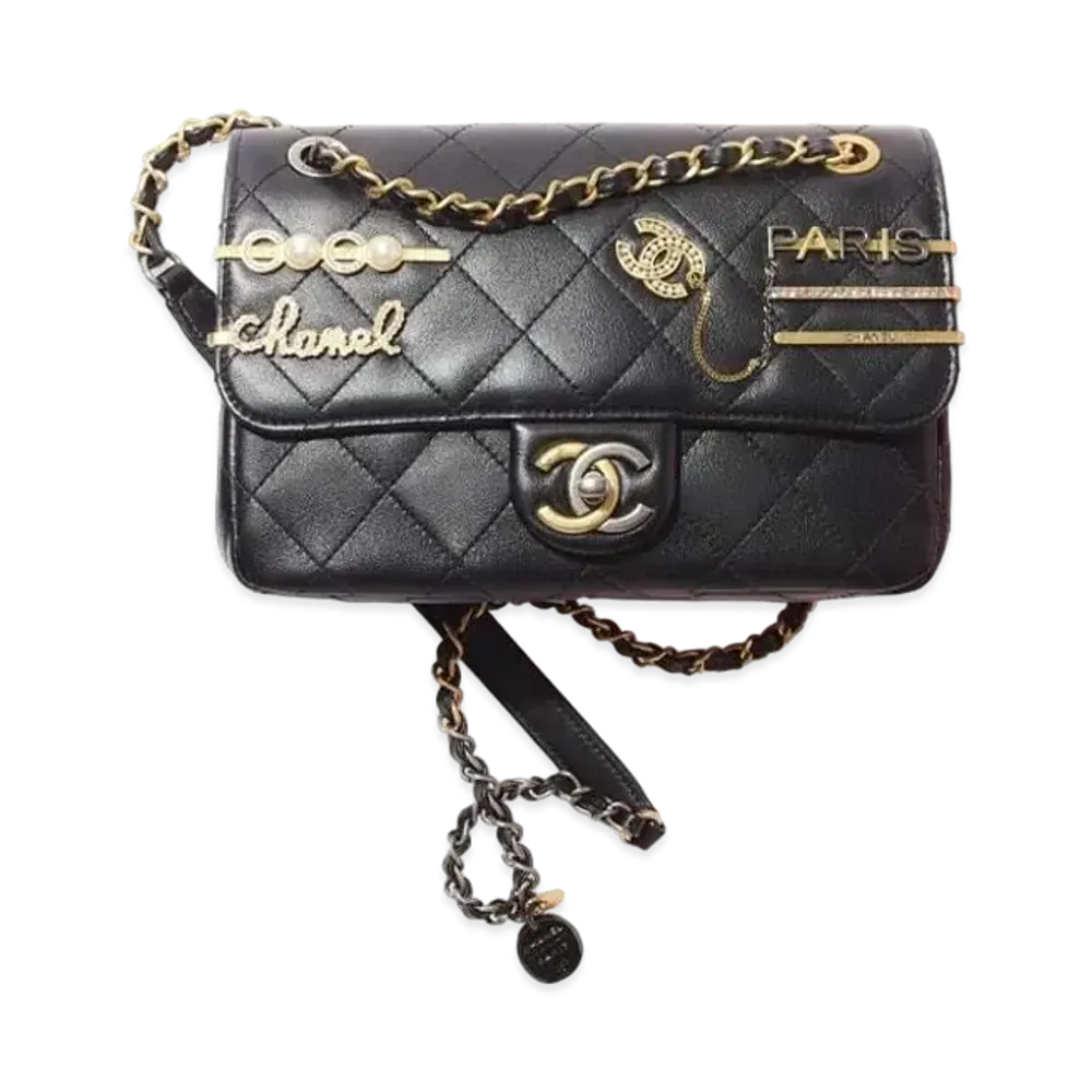CHANEL Small Flap Bag Lambskin Costume Pearl & Stras "Black"