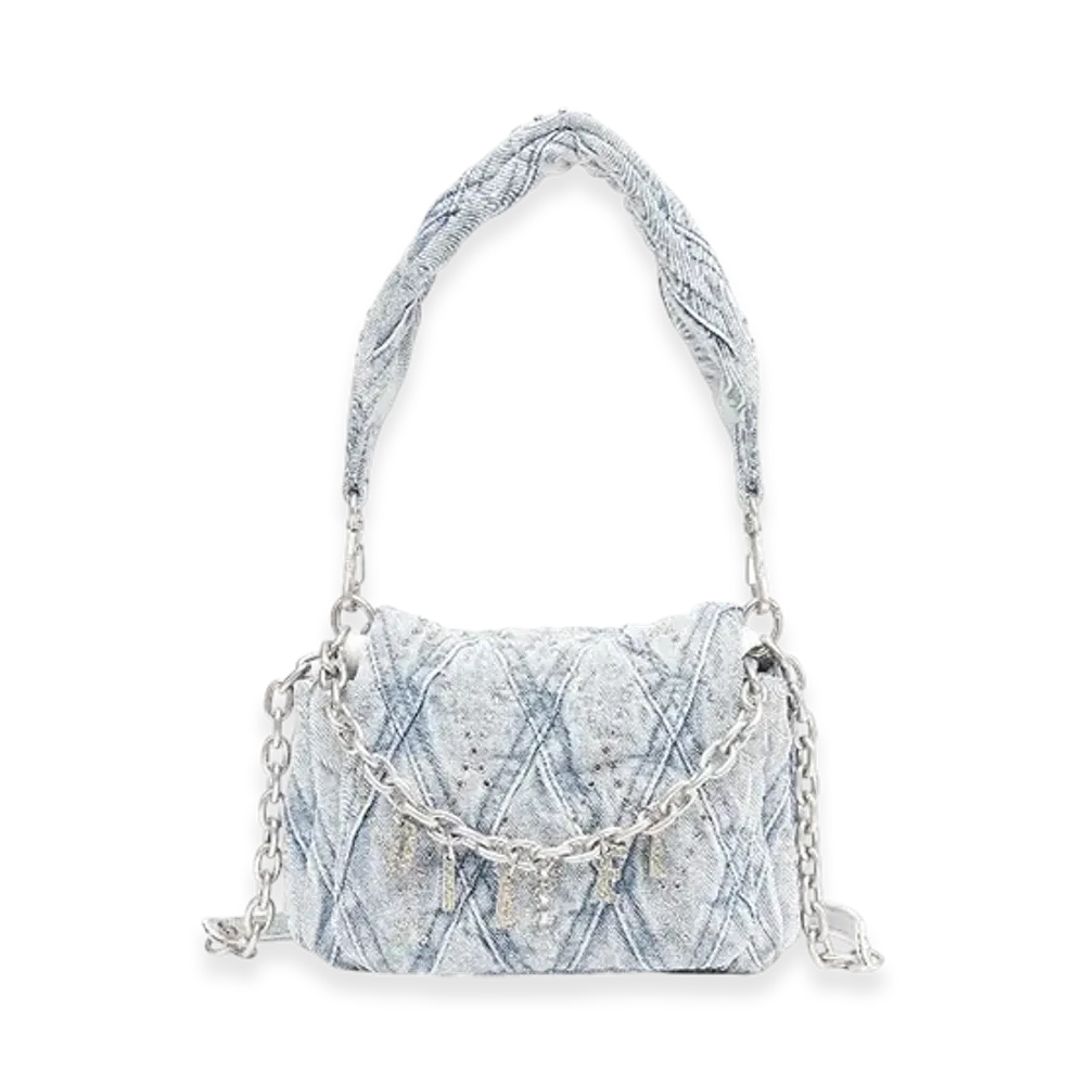Diesel Charm-D Shoulder S Denim Quilted Jeweled Shoulder Bag S "Light Blue"