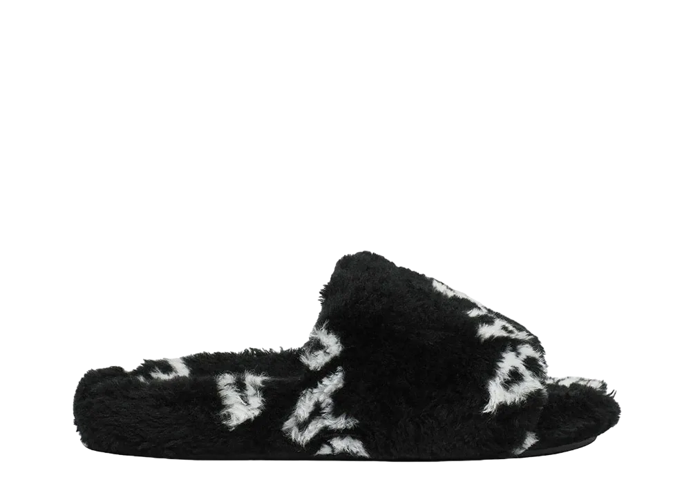BALENCIAGA Women's Furry Slide Sandal Allover Logo in Fake Fur "Black/White"
