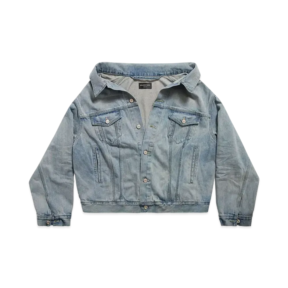BALENCIAGA Women's Off Shoulder Jacket Organic Selvedge Denim "Light Blue"