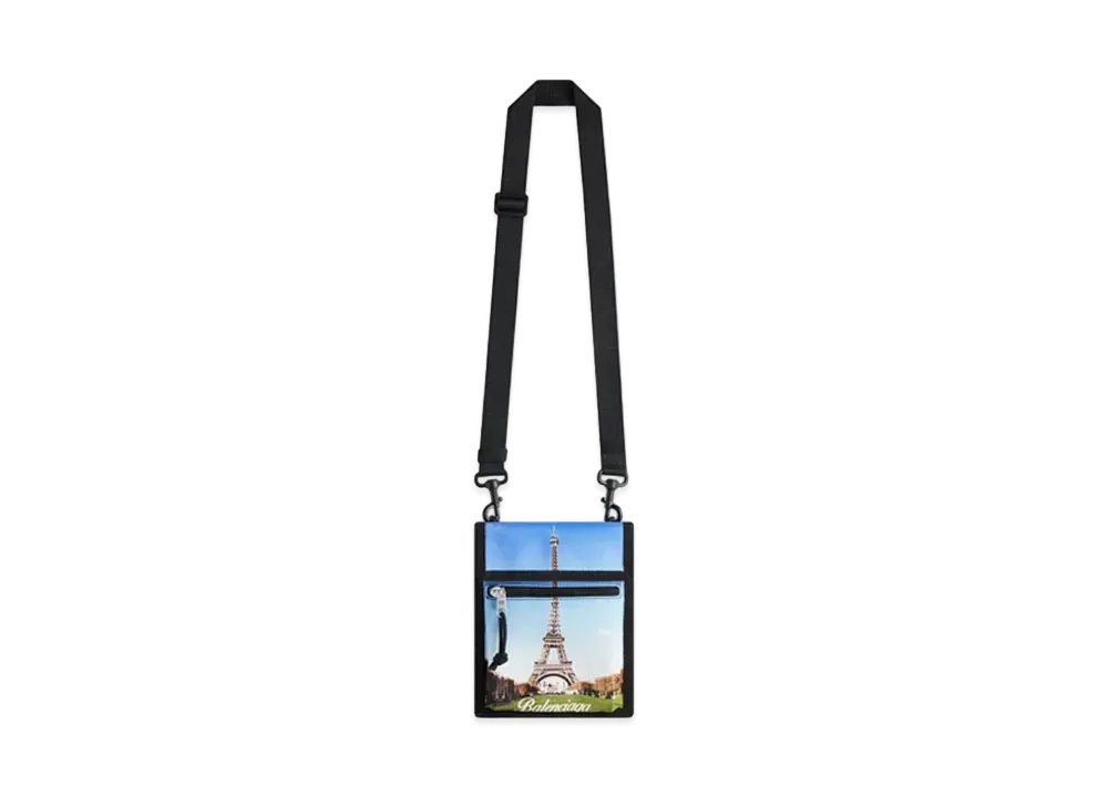 BALENCIAGA Explorer Small Pouch with Strap in Eiffel Postcard Printed Recycled Nylon "Multicolor"