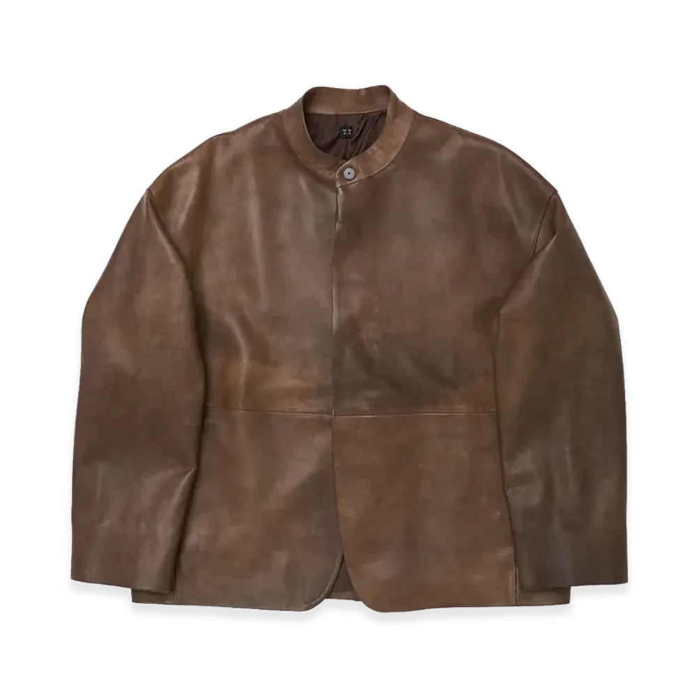 T.T Taiga Takahashi Women's Stand Collar Leather Jacket "Mud Dyed Brown"