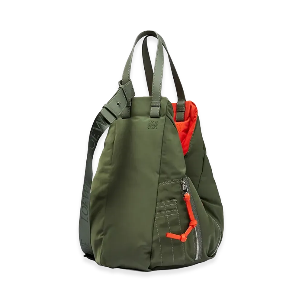 LOEWE Women's Hammock Reversible Nylon Tote Bag "Army Green/Orange"