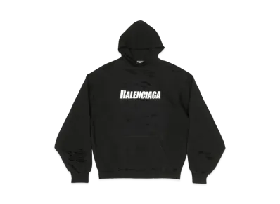 BALENCIAGA MENS Caps Destroyed Hoodie "Black/White"