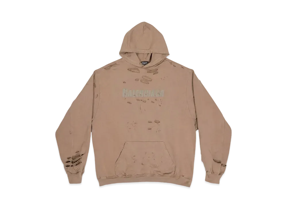 BALENCIAGA MENS Caps Destroyed Hoodie "Dark Beige"