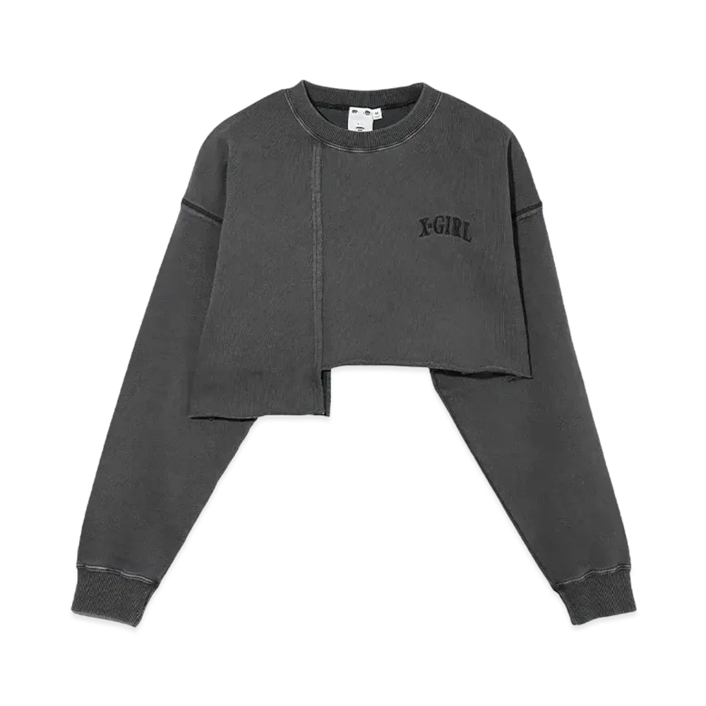 X-Girl Distressed Collar Cropped Crew Sweat Top "Black"
