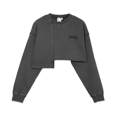 X-Girl Distressed Collar Cropped Crew Sweat Top "Black"