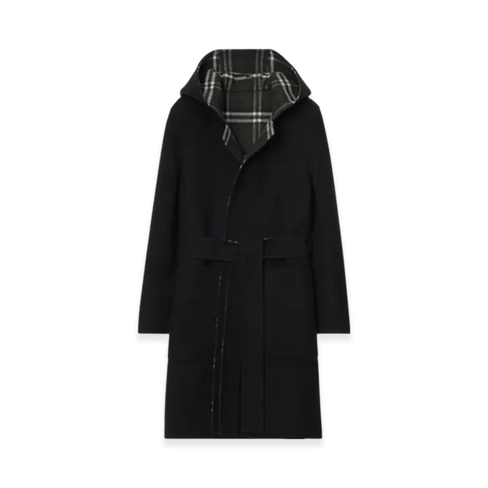 Burberry Reversible Wool Hooded Wrap Coat "Black/Snug"